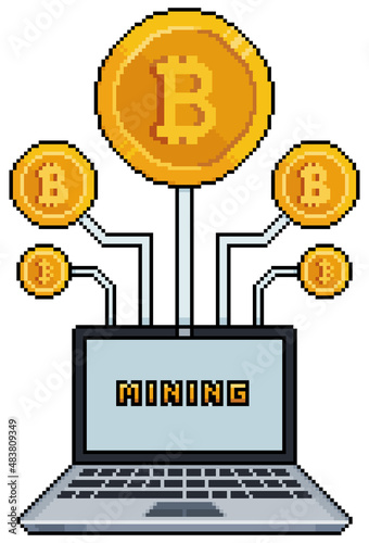 Pixel art bitcoin mining with computer vector icon for 8bit game on white background