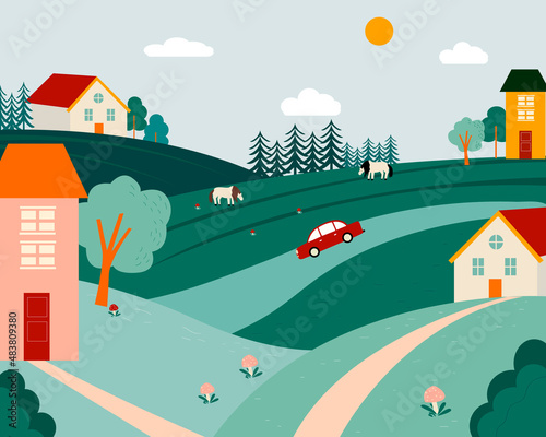 Vector illustration of nature with houses, car and horse.