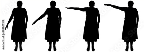 Raising a woman's hand from the bottom up. Hands in motion, legs without movement, standing still. Front view. Staged silhouette for animation. Black female silhouettes isolated on white background. 