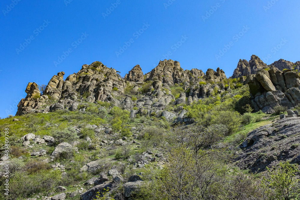The Valley of Ghosts. Demerji. Green trees and bushes in the foreground. May 2021. Crimea. The Valley of Ghosts. Demerji. Green trees and bushes in the foreground. May 2021. Crimea.