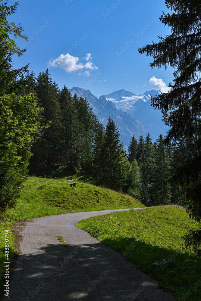 Fototapeta premium Windy road in Swiss Alps with majestic view on Wetterhorn peak