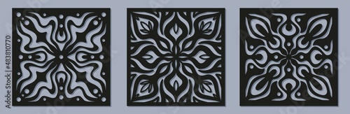 Vector Laser cut square panel set with vintage baroque pattern. Ornamental templates collection for wedding invitation or greeting card. Cabinet fretwork screen. Metal design, wood carving.