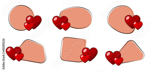 Calming coral blank speech with red hearts. Set of templates for dialogue, messages, prices and discounts. Isolated on white background. EPS 10 vector illustration