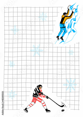 Vector template, the layout of a notebook page, an A6 notebook in an uneven, drawn square. A hockey player scoring puck and ice climber climbing ice mountain are depicted.