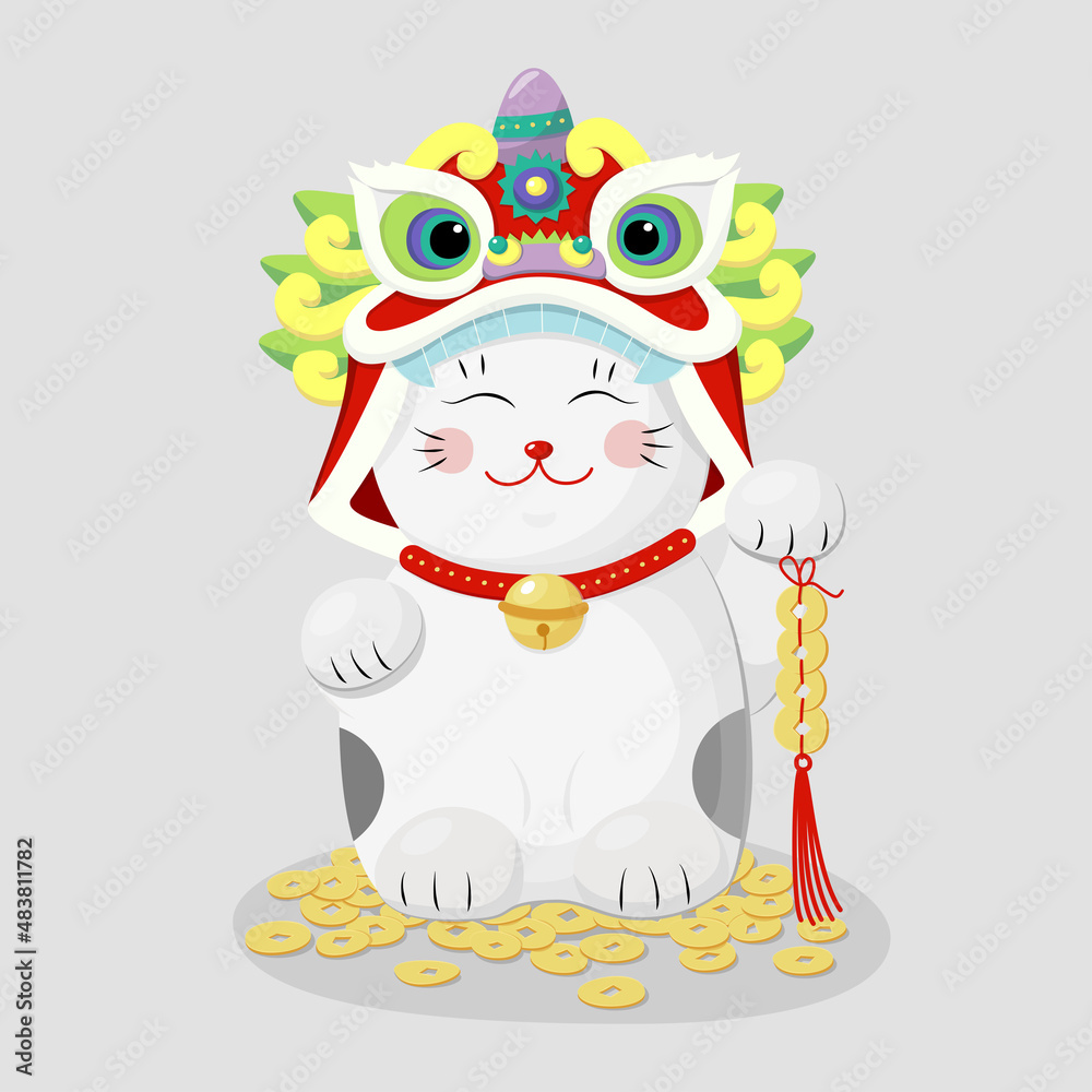 China lion dance maneki neko cat set in chinese style.Vector graphic. Happy chinese new year illustration. Japanese icon with red china symbol. China lion dance maneki neko cat set in chinese style.Vector graphic. Happy chinese new year illustration. Japanese icon with red china symbol.