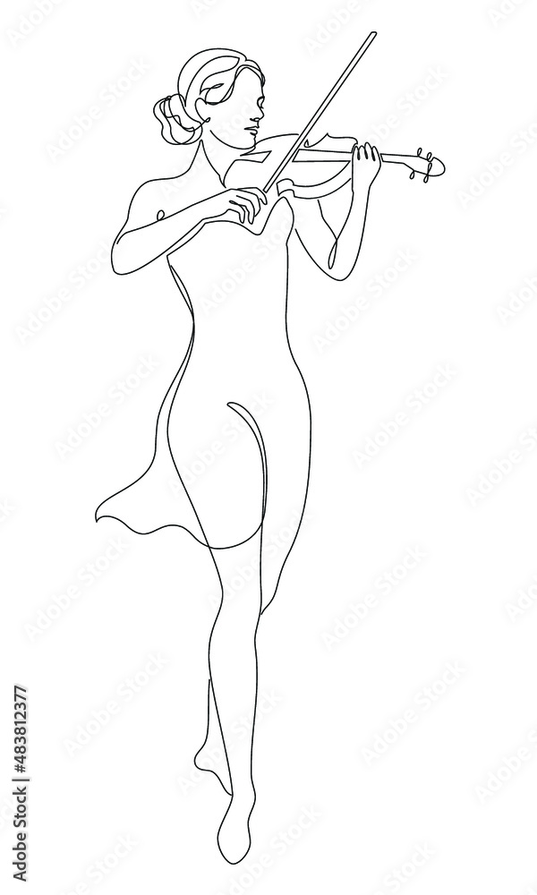 Obraz premium Silhouette of a beautiful woman with a violin in a modern continuous line style. Violinist girl, slender. Continuous line drawing, decor aesthetic outline, posters, stickers, logo. Vector illustration