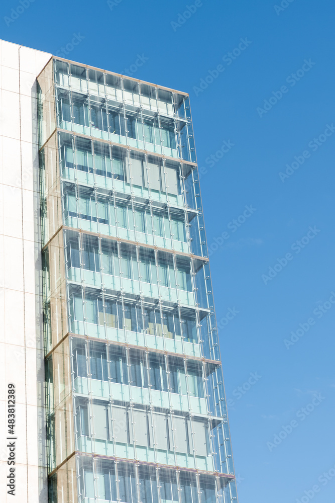 Glass windows of facade modern building in Lisbon city, Portugal