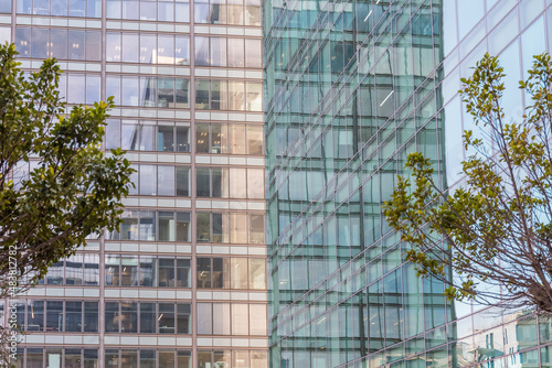 Glass windows of facade modern building in Lisbon city, Portugal