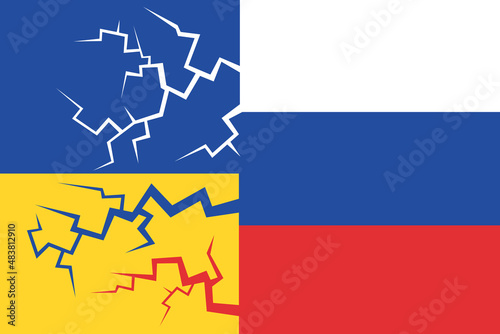 Conflict, clash and tension between Ukraine and Russia is leading to pressure, crack and collapse of Ukrainian state and country. War and Russian aggression, attack and assault. Vector illustration.
