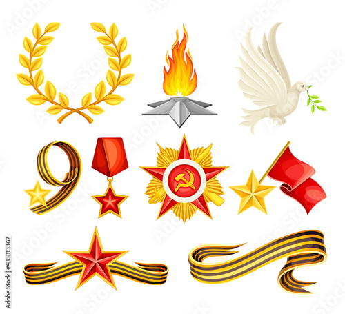 May 9 Russian holiday victory signs set. St. George Ribbon, Order of the Great Patriotic War, laurel wreath, quenchless flame, medal vector illustration