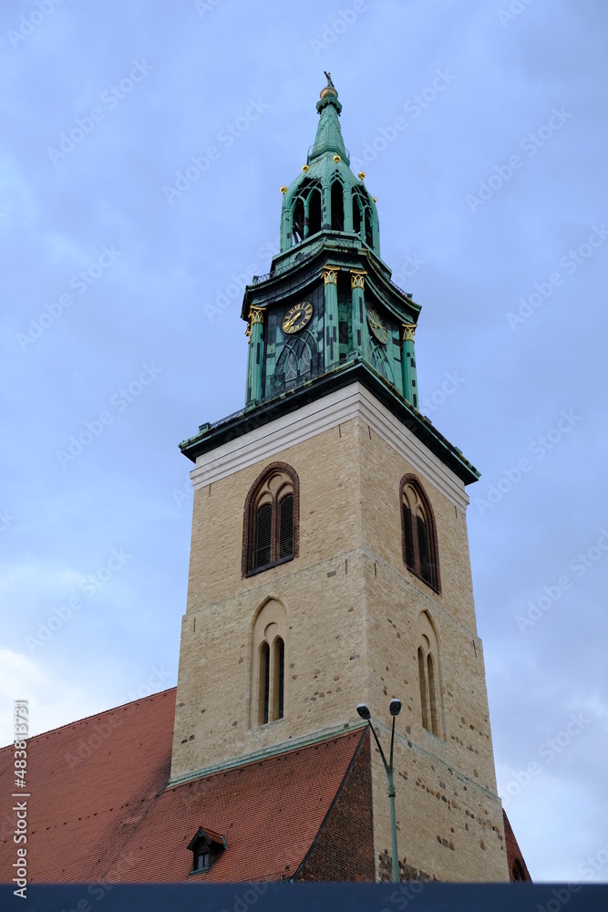 Marienkirche bell tower, Berlin, Germany. St. Mary's Church, known in German as the Marienkirche, is a church in central Berlin, located on Karl-Liebknecht-Strasse, near Alexanderplatz