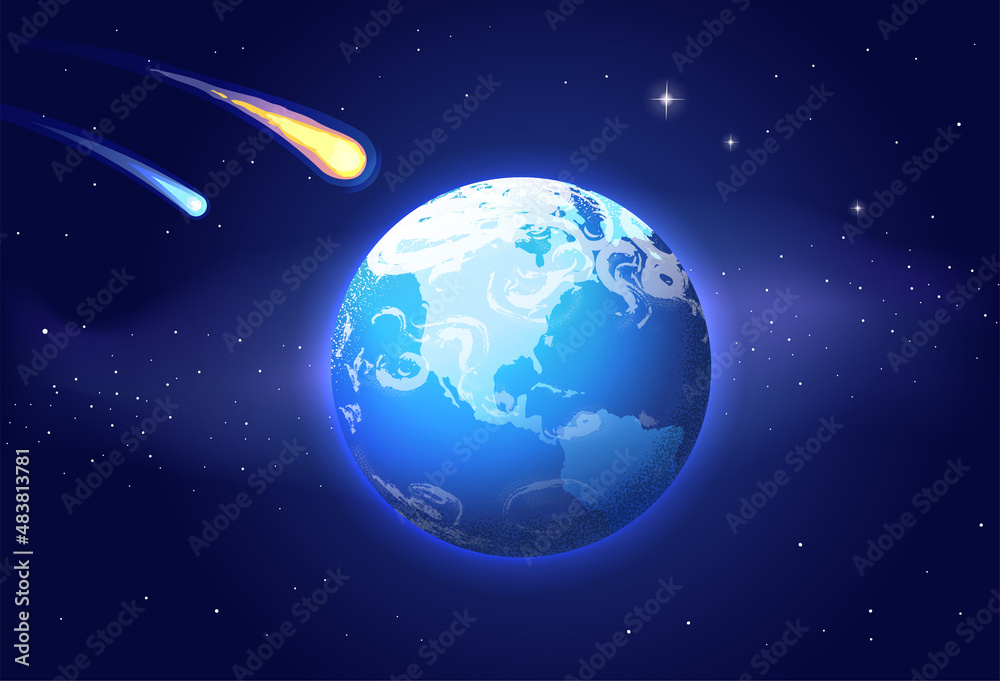 Obraz premium Beautiful planet Earth from space. The comet flies in outer space and approaches the Earth