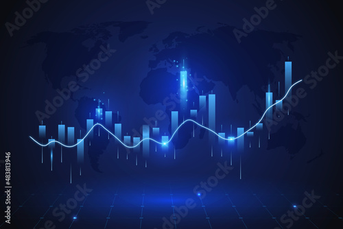 Glowing chart of investment financial data. Graph stock market with rising candlesticks. Infographic elements and world map. Analysis indicators, statistics diagram, business charts