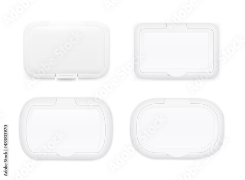 Wet wipe covers for wet wipes packaging set. Realistic front view. Vector template for your design. EPS10.