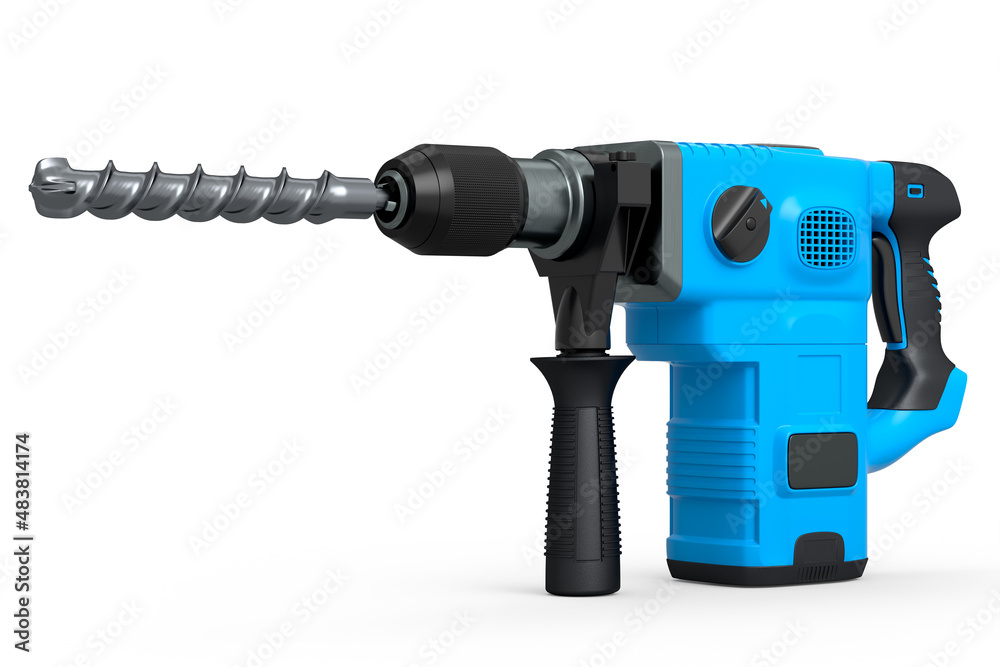 Electric drill with cord and attached metal bit, tool for repair on white Electric drill with cord and attached metal bit, tool for repair on white