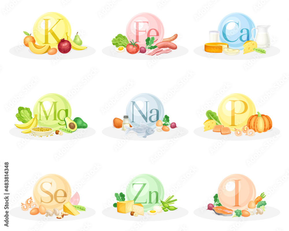 Sources of vitamins and minerals set. Healthy nutrition food and dietary supplements vector illustration