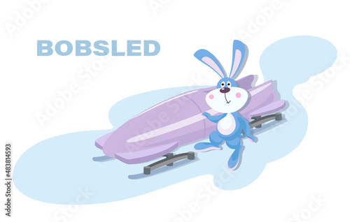 Bobsled. Cute bunny sportsmen. Bobsleigh sled race athlete winter sport. Bobsleigh competition vector flat design illustration, can be used for kids or babies shirt designs. Vector illustration