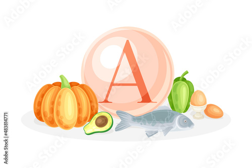 Sources of vitamin A. Pumpkin, fish, pepper, avocado, egg healthy nutrition food. Mineral vitamin supplement vector illustration