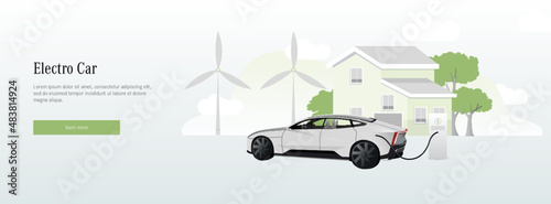 Vector illustration of a luxury white electric car suv charging at the electro charger station. Car battery getting fast recharged. Clean vector illustration isolated on grey or white background.