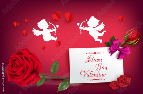 biglietto o striscione per un felice San Valentino in rosso in un rettangolo bianco su uno sfondo sfumato rosso con angeli, cuori e rose rosse photo