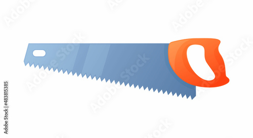Vector illustration hacksaw with orange handle isolated on white background. Carpenter or repairmen handsaw vector icon in flat cartoon style. Construction tool. Saw for cutting metal and tree.