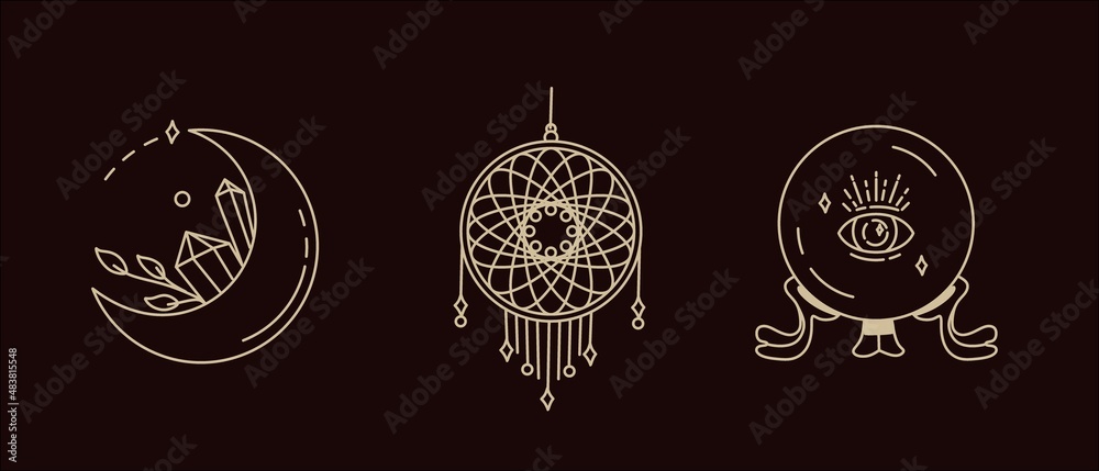 Fototapeta premium Magical symbols set of doodles esoteric boho mystical hand-drawn elements stone crystals. In gold color on a black background. Magical vector elements