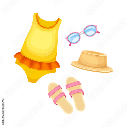 Beach summer clothes for girl set. Sunglasses, swimsuit, straw hat and flip flops cartoon vector illustration