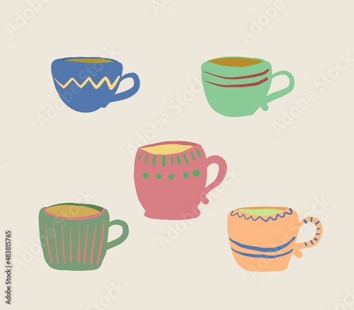 A set of cups. Cups with tea, coffee. Cups with a pattern are drawn in hand drawn style. Cups for tea drinking.