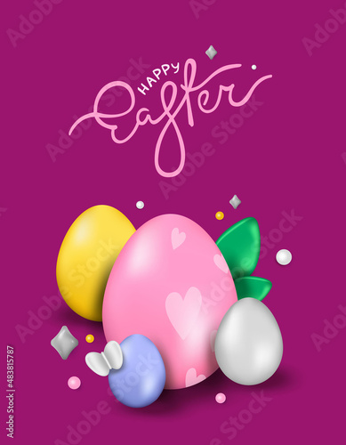 Easter day design. Realistic Easter eggs on a lilac background. Holiday banner, web poster, flyer, stylish brochure, greeting card, cover. Vector Easter background © Anastasiya Shmakova