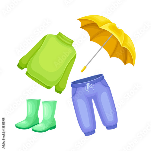 Rainy day clothes for boy or girl set. Knitted sweater, rubber boots, jeans and umbrella cartoon vector illustration