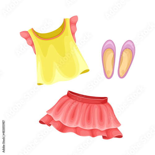 Summer clothes for girl set. Blouse, skirt and ballet shoes cartoon vector illustration