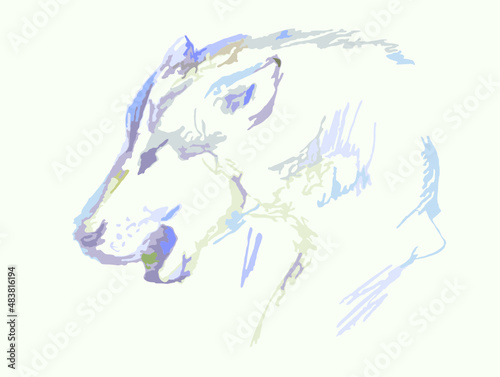 Sketch of a wolf on a light background for posters or wallpaper. Howling wolf in cold tones for emblems, embroidery, prints, interior solutions, fabric, tattoo, textiles, logo, fashion trends, etc. © lion21