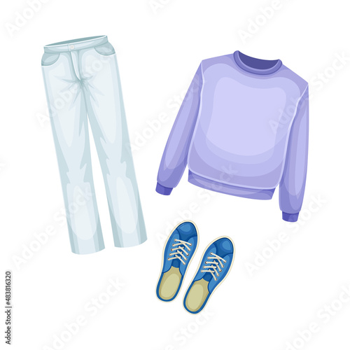 Male seasonal clothes set. Jumper, jeans and leather boots cartoon vector illustration