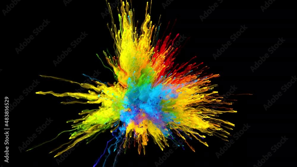 Color Burst iridescent multicolored colorful rainbow smoke powder explosion with long streaks. Fluid ink particles slow motion alpha matte isolated on black