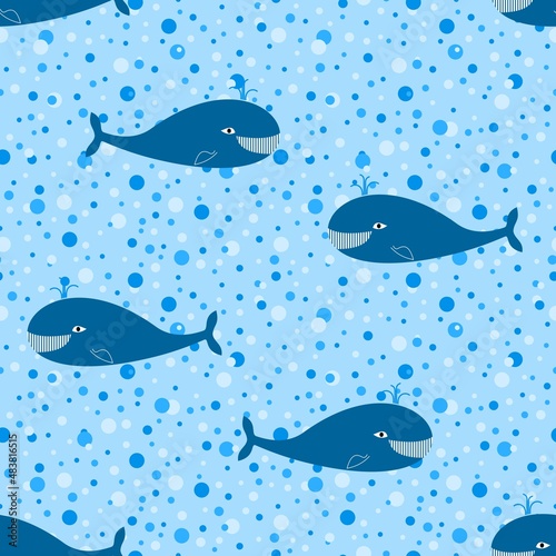 Seamless pattern with cheerful whales on background of blue bubbles. Vector image.