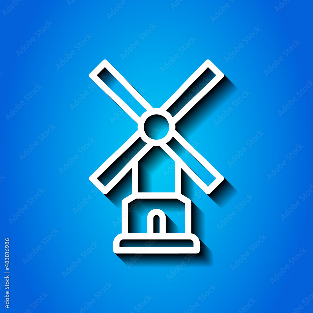 Mill simple icon. Flat desing. White icon with shadow on blue background.ai