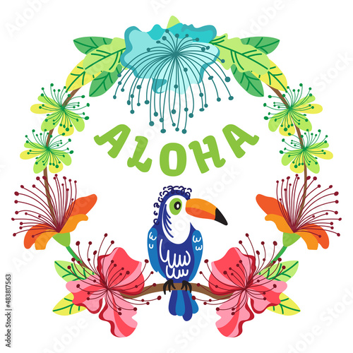 Aloha invitation design with toucan, exotic flowers and leaves. perfect for cards, invitations, posters, applying to a bag, t-shirt, mug.