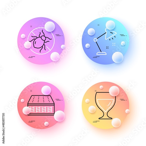 Bed bugs, Wine glass and Table lamp minimal line icons. 3d spheres or balls buttons. Mattress icons. For web, application, printing. Hypoallergenic, Cabernet wineglass, Bedside lamp. Vector