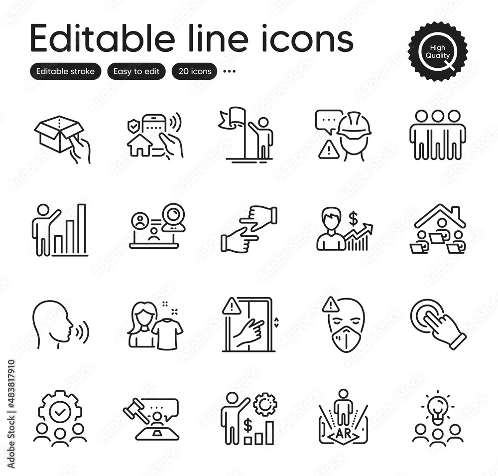 Set of People outline icons. Contains icons as Click hands, Medical mask and Video conference elements. Business growth, House security, Employees wealth web signs. Judge hammer. Vector