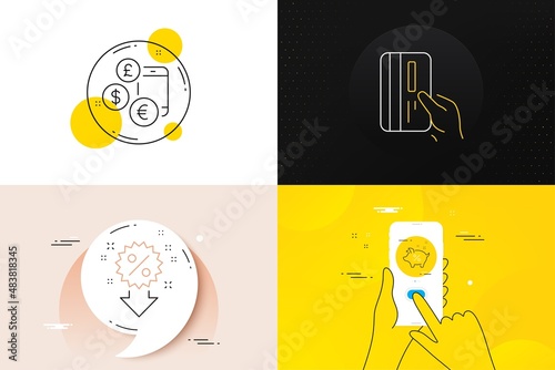 Minimal set of Loan percent, Currency rate and Payment card line icons. Phone screen, Quote banners. Discount icons. For web development. Piggy bank, Online exchange, Credit card. Vector