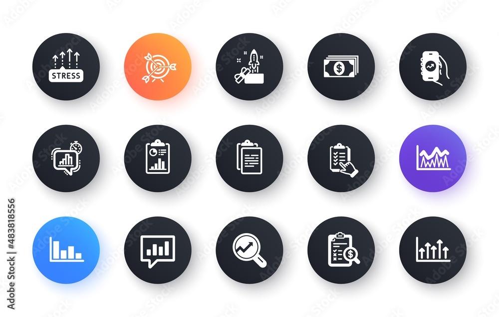 Minimal set of Statistics timer, Checklist and Innovation flat icons for web development. Financial app, Investment, Analytical chat icons. Clipboard, Histogram, Banking web elements. Vector