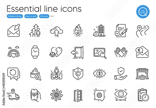 Euro money, Exam time and Augmented reality line icons. Collection of Open door, Open mail, Moisturizing cream icons. Employee result, Heart flame, Road web elements. Business vision. Vector