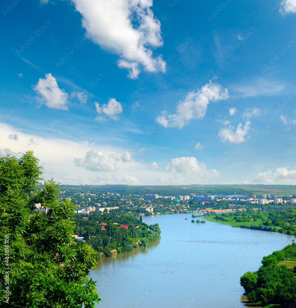 Fototapeta premium Dniester river, hilly landscape and town of Soroca. Moldova.