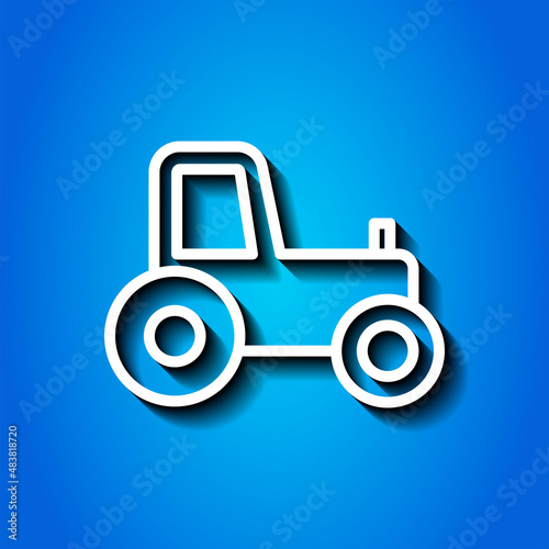 Tractor simple icon. Flat desing. White icon with shadow on blue background.ai