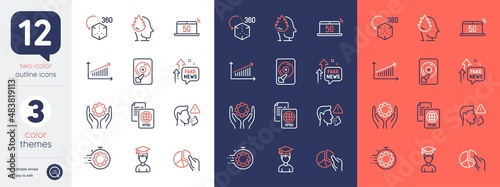 Set of Stress, Chart and Cough line icons. Include Student, Passport document, Fake news icons. Augmented reality, 5g notebook, Seo timer web elements. Hdd, Pie chart, Employee hand. Vector