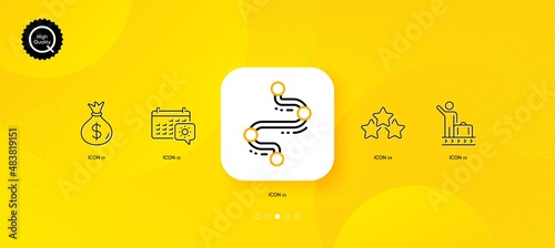 Travel calendar, Ranking stars and Money bag minimal line icons. Yellow abstract background. Luggage belt, Timeline icons. For web, application, printing. Vector