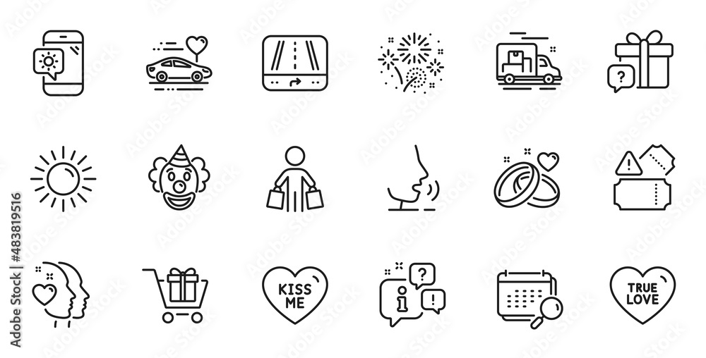 Outline set of Shopping cart, Fireworks and Sun line icons for web application. Talk, information, delivery truck outline icon. Include Honeymoon travel, Gps, Tickets icons. Vector