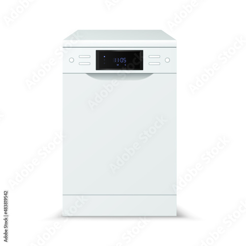 Realistic kitchen dishwasher with closed door. Modern household appliance dish washing machine