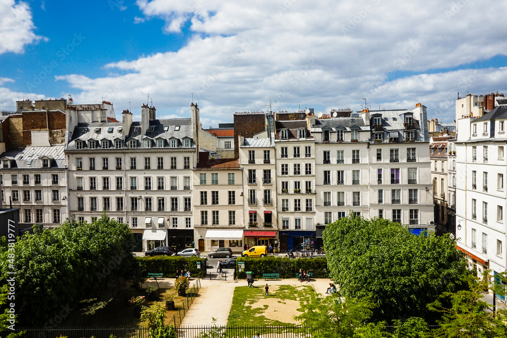 View of Parisian buildings and park 