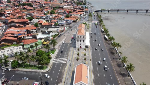 Downtown Sao Luis Maranhao Brazil. Northeast Brazil. Panning wide landscape of historic buildings of capital city of Maranhao. Tourism landmark. Travel destination. photo